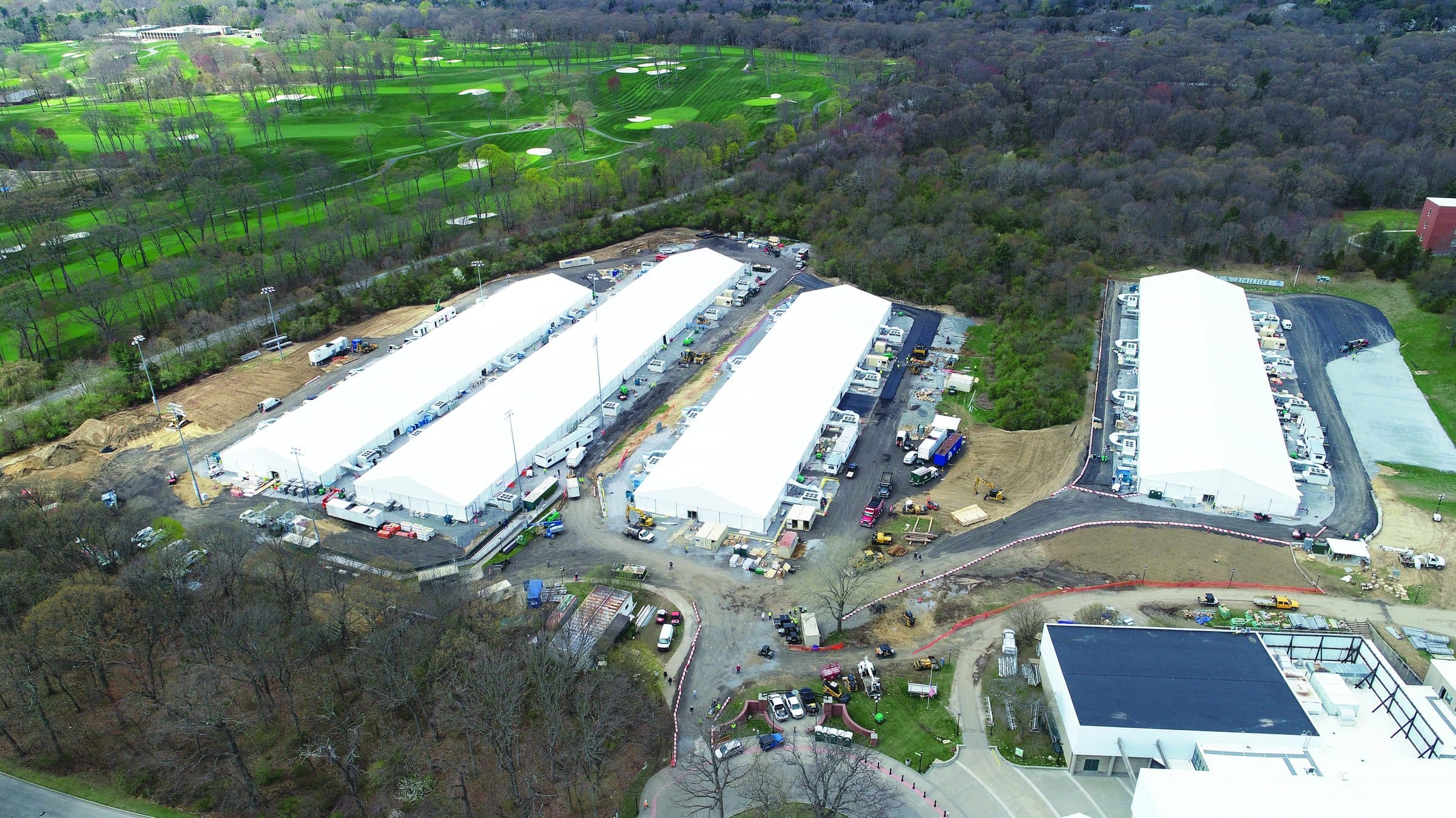 Drone aerial of the SUNY Old Westbury Alternate Care Facility tents